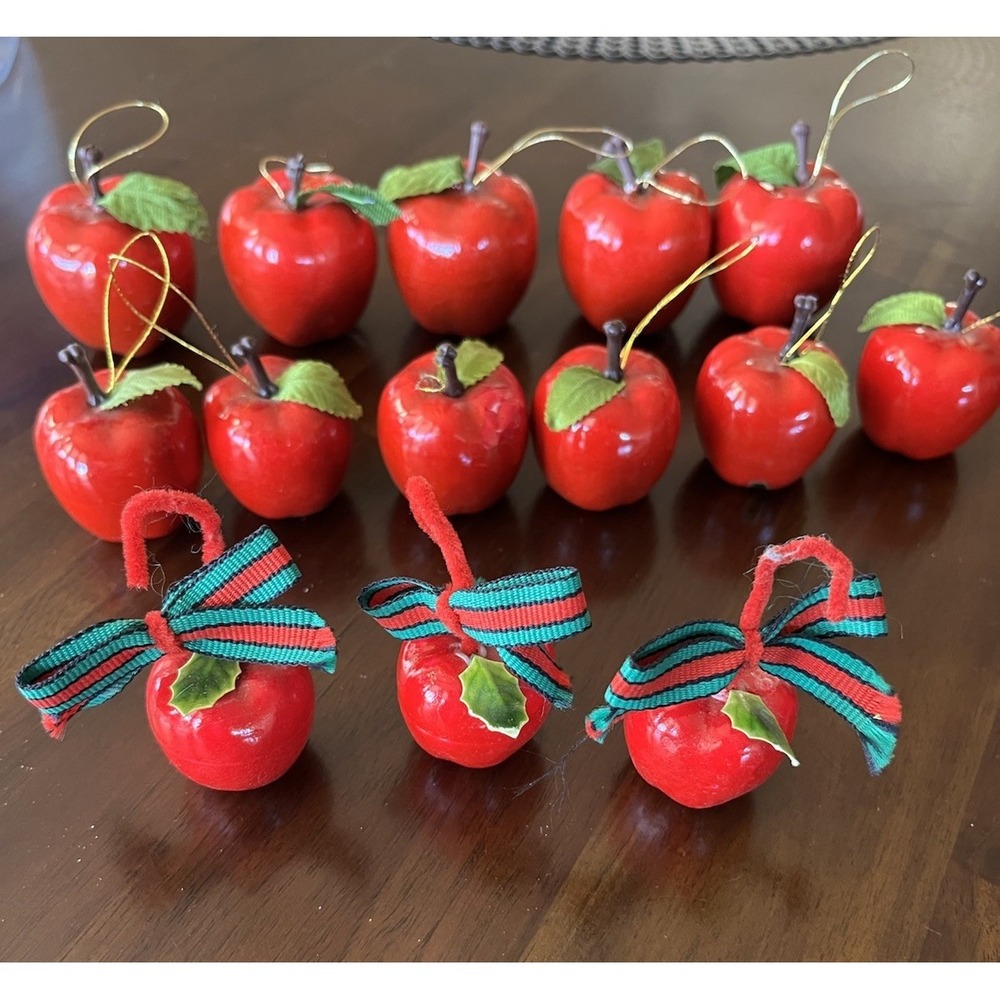Vintage Red Apple Mini Christmas Ornaments Lot of 14 - Retro Holiday Decor 1/2"